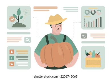 Happy farmer holding big pumpkin. Different fruits and vegetables. Fresh ecological products. Infographic about good harvest, eco food. Portrait of worker, rural profession. Agricultural, farm food.