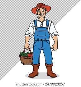 Happy Farmer holding a bucket of vegetables 