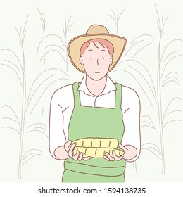 A happy farmer holding a corn cob.Hand drawn style vector design illustrations.