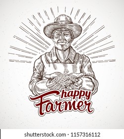 Happy farmer holding a handful of grain in his hands. Vector illustration in engraving style.