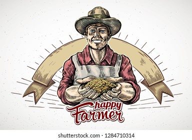 Happy farmer holding a handful of grain in his hands. Vector illustration in engraving style.