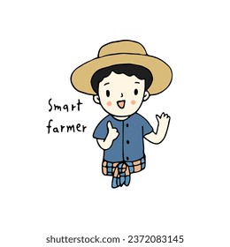 Happy farmer holding thumbs up, hand drawn style vector illustration