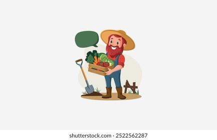 Granjero feliz que sostiene la cesta vegetal, de pie con la pala en el jardín.