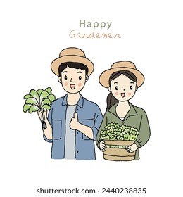Happy farmer holding vegetable, hand drawn style vector illustration
