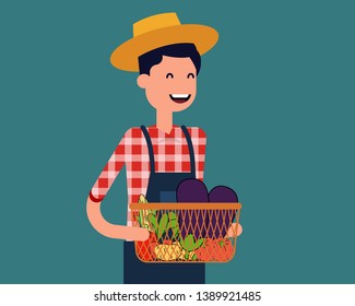 Happy farmer holding vegetables basket. Vector illustration famer concept, Rustic foods, Farm, Cartoon character style