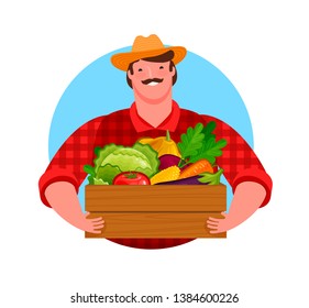 Happy farmer holding wooden box full of fresh vegetables. Healthy food, vector illustration