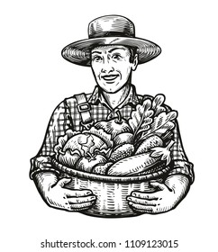 Happy farmer holds a wicker basket full of fresh vegetables. Farm, harvest, agriculture concept. Sketch vector illustration