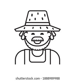 Feliz icono de granjero en diseño de arte en línea. Hombre jardinero sonriente con sombrero de paja con bigote e ilustración de barba. Trabajador de granja o jardín aislado en blanco