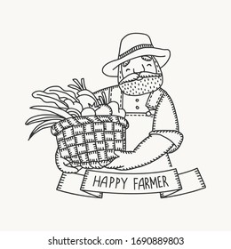 Feliz logo agrícola. Elemento de diseño para el embalaje, ilustración vectorial hecha a mano,