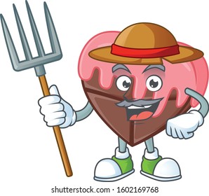 Happy Farmer love chocolate with pink cartoon mascot with hat and tools