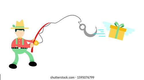 happy farmer man Catch Bait Gift Box Cartoon doodle vector illustration flat design style