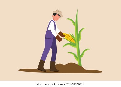 Happy Farmer man harvesting corn. Agriculture concept. Colored flat graphic vector illustration. 