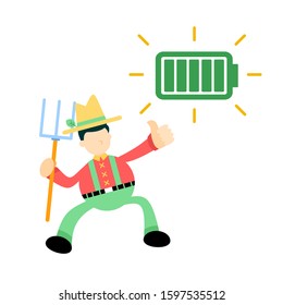 happy farmer man worker with full battery energy cartoon doodle flat design style vector illustration