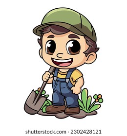 Happy farmer man working hard character illustration in doodle style isolated on background
