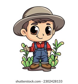 Happy farmer man working hard character illustration in doodle style isolated on background