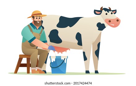 Happy farmer milking cow illustration