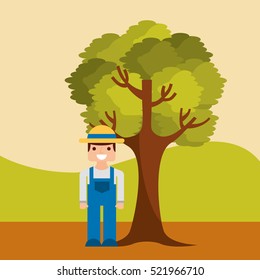 happy farmer near a tree icon. farm and agriculture concept. colorful design. vector illustration