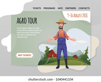 Happy farmer on the farm. Man welcomes visitors to the farm. Agriculture, farming, agrotourism. Design template of website, poster, print media. Vector illustration.