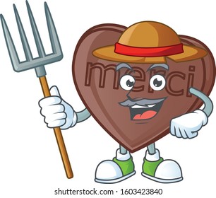 Happy Farmer one bite love chocolate cartoon mascot with hat and tools