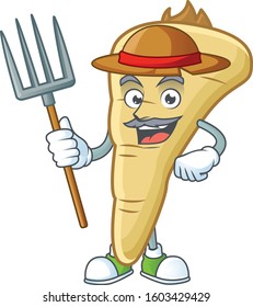 Happy Farmer parsnip cartoon mascot with hat and tools