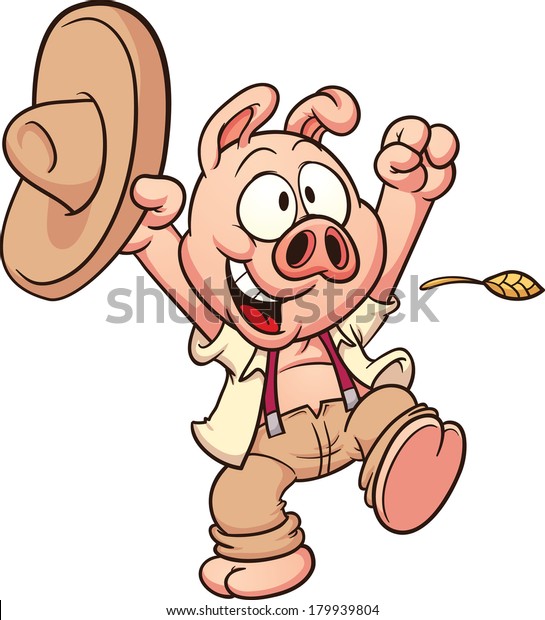 幸せな農夫の豚 簡単なグラデーションを持つベクタークリップアートイラスト 1つのレイヤーにすべてを配置 のベクター画像素材 ロイヤリティフリー
