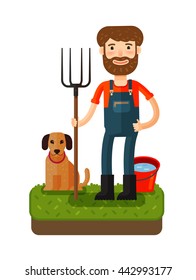 Happy farmer with a pitchfork. Vector icon. Cartoon illustration