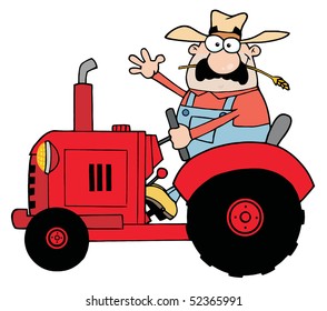 Happy Farmer In Red Tractor  Waving A Greeting