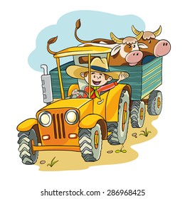 happy farmer rides on the tractor in the trailer he had two cows
