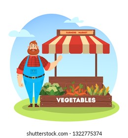 Happy farmer sell fresh organic harvest from farm. Vegetable market concept. Grocery store. Man stand on the street at the tent with vegetables. Isolated vector cartoon illustration