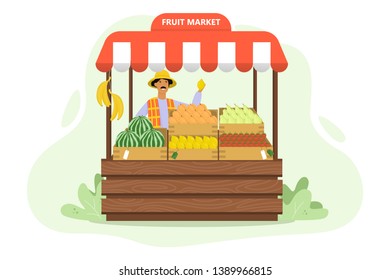 Happy farmer sell fresh organic harvest from farm. Fruit market concept. Grocery store. Man stand on the street at the tent with food. Isolated vector cartoon illustration