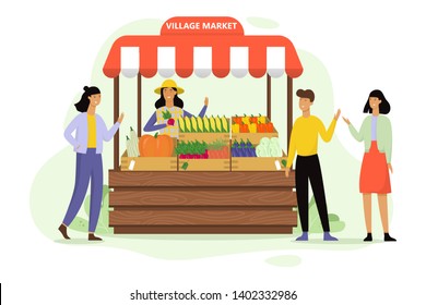 Happy farmer sell fresh organic harvest from farm. Fruit market concept. Grocery store. Woman stand on the street at the tent with food, customer around. Isolated vector cartoon illustration