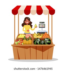 Happy farmer sell fresh organic harvest from farm. Fruit market concept. Grocery store. Woman stand on the street at the tent with food. Isolated vector cartoon illustration