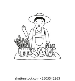 Happy farmer selling vegetable, outline drawing vector illustration