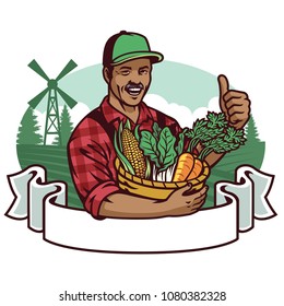 happy farmer show his vegetables