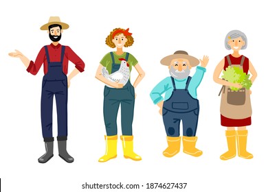 Happy farmer shows an apple. Local food, vegetables and fruits. Vector drawing. People, man, woman, grandfather and grandma