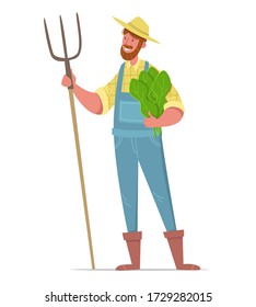 Happy farmer is staying with pitch fork and armful of lettuce leaves. Vector illustration.