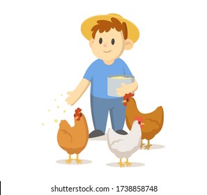 Feliz granjero con una paja que alimenta a los pollos. Caricatura. Ilustración vectorial plana, aislada en fondo blanco.