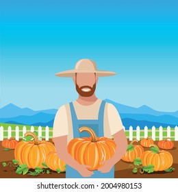 A happy farmer in a straw hat with a large pumpkin in his hands stands on a field with ripe pumpkins. Pumpkin harvest. Harvest celebration. Thanksgiving Day. Vector illustration.