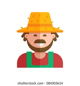 Happy farmer in straw hat vector illustration. Smiling gardener man with moustache and beard. Farm or garden worker vector icon in flat design.
