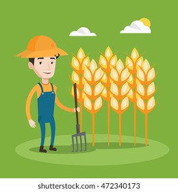 A happy farmer in summer hat standing with a pitchfork on the background of wheat field. Smiling man holding agricultural tool and working in wheat field. Vector flat design illustration. Square