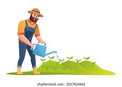 Happy farmer watering plants using watering can illustration