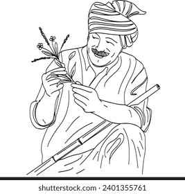 Happy farmer in a wheat field cartoon drawing for agriculture, Cartoon illustration of an Indian farmer nurturing wheat crops, Cultivation scene with a joyful farmer in a wheat field sketch