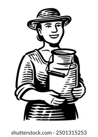 Happy farmer woman holding can of fresh milk. Dairy farm emblem or logo. Hand drawn sketch vector illustration