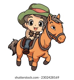 Happy farmer woman riding a horse character illustration in doodle style isolated on background