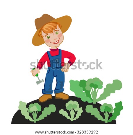 Happy farmer is working in the garden
