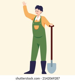 Happy Farmer Working Hard With Farmland And Mountains In The Background, Vector Illustration