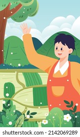 Happy Farmer Working Hard With Farmland And Mountains In The Background, Vector Illustration