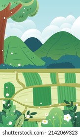 Happy Farmer Working Hard With Farmland And Mountains In The Background, Vector Illustration