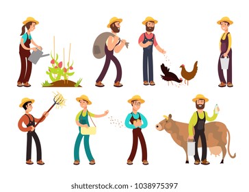 Happy farmers with agricultural tools and planting vector characters set. Illustration of farming and farmer character work