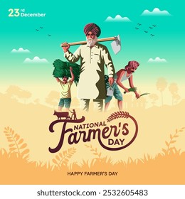 Happy Farmer's Day – A celebration of hardworking farmers. A vibrant scene set against a rural backdrop. Ideal for Farmer's Day greeting cards and vector illustration design.